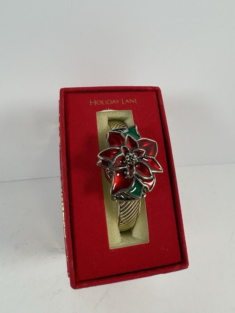 Holiday Lane Poinsettia Hidden Dial Watch Womens Christmas Gold Tone Cuff Box